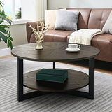 PADMA HOUSE Table basse ronde en bois massif, de salon, canapé, structure métal, à 2 étages, (vintage noir), ⌀85*45,5 cm, (1336)