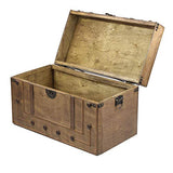 Coffre colonial grand modèle, déco nostalgique de globetrotteur, bois brun décoré de garniture et de fermetures en métal, sangle et poignée en simili-cuir de couleur assorti