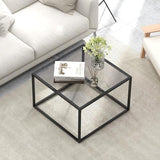 COSTWAY Table Basse Carrée, Table Basse Verre Trempé, Cadre en Métal Noir, Design Minimaliste, Table Salon, Repose-Pieds réglables, Assemblage Facile, 70 x 70 x 45 cm (Gris)