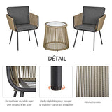 Ensemble Salon de Jardin 3 pièces Style Colonial 2 fauteuils avec Coussins Gris + Table Basse résine Filaire Beige Acier époxy Noir
