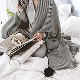 ZGYZ Meubles Modernes Couverture de Jet tricotée à Rayures Noires et Blanches Canapé-lit Ultra Doux avec Pompons Faits à la Main pour fauteuils de canapé Lit de Plage Canapé Pique-Nique, 51"x63