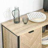 Buffet design style graphique façades placards à chevrons - 2 portes avec étagère, 3 niches - métal noir panneaux aspect chêne clair