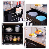 Chariot de service desserte de cuisine à roulettes multi-rangements placard double portes + étagères + range couverts et condiments latéral 84L x 46l x 91H cm plateau acier inoxydable bois noir