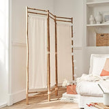Paravent en Polycoton et Bambou - Naturel - Blanc et Marron - Panneaux en Coton - 160x120 cm