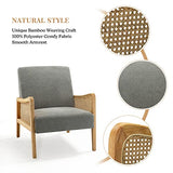Chaise d'appoint moderne du milieu du siècle chaises rembourrées en velours avec tricot en bambou fauteuil confortable en tissu de lin avec accoudoirs en rotin pour salon gris
