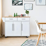 GOPLUS Desserte Îlot de Cuisine Desserte à roulettes Chariot de Cuisine en Bois avec 2 Placards Étagère 2 Niveaux Réglables et 2 Tiroirs, Porte-Serviettes, 122 x 46 x 92,3 CM, Blanc