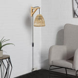 B·LED BARCELONA LED BarcelonaLED Applique murale équerre en bois avec panier en bambou en osier avec câble prise et interrupteur Portalampara Noir E27 pour salon Table de chevet Tête de lit
