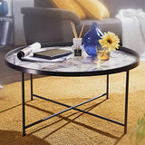 FineBuy Table Basse Rond 76 x 39 x 76 cm Apparence De Marbre Blanc | Table d'appoint Conception Moderne | Table De Sofa Jambes Métalliques Noir | Table De Salon Brillant Acier Laqué Bois Tulip