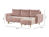 Loungitude Canapé d'angle réversible, convertible en  velours rose et pieds bois clair avec coffre