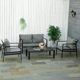 Outsunny Ensemble Salon de Jardin 4 pièces canapé 2 Places + 2 fauteuils + Table Basse Plateau à Lattes 8 Coussins Rembourrage épais déhoussables Aluminium Gris Noir
