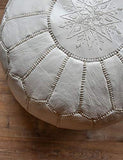 Pouf Artisanal Marocain en Cuir Véritable Fait Main - Vendu Rembourré - Repose-Pied, Coussin de Sol, Ottoman (Blanc)