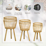 Outsunny Lot de 3 supports cache-pots à plantes lot de 3 étagères à fleurs support pots de fleurs sur pied trépied en bois et résine tressée rotin - bois naturel