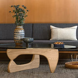 Noguchi Table Basse en Verre Triangulaire Table d'extrémité en Verre Vintage, Base en Bois Massif et Plateau en Verre Transparent Table d'extrémité Moderne pour Le Salon, Le Patio ou Le Bureau.
