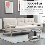 HOMCOM Canapé Convertible 3 Places Design scandinave Inclinaison Dossier réglable 3 Niveaux Dossier Centrale Rabattable 2 Porte-Verres Bois Massif Lin Beige