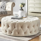 Tabouret Repose-Pieds Luxueux et Confortable en Peluche, Petite Table Basse Moderne, Pouf Rond en Velours capitonné, Banc de Bout de lit pour Salon Chambre d'hôte-Beige 60x60x40cm(24x24x16inch)