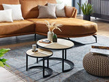 FineBuy Tables Gigogne Ensemble Deux pièces Bois Massif/Métal Table de Salon | Table d'appoint Ronde Style Industrielle | Meubles en Bois Massif Table Basse