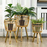 Outsunny Lot de 3 supports cache-pots à plantes lot de 3 étagères à fleurs support pots de fleurs sur pied trépied en bois et résine tressée rotin - bois naturel