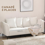 HOMCOM Canapé 3 Places de Style Moderne avec 4 Coussins, Base en Acier Noir, revêtement en Tissu Effet Lin de Couleur crème