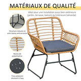 Outsunny Ensemble Bistro de Jardin 2 Places 3 pièces Style Exotique 2 fauteuils + Table Basse résine tressée Beige Acier époxy Gris