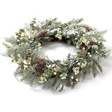 BEJOY Couronne de Noël Artificielle, 56cm Pomme de Pin Vigne Floquée Couronne de Sapin à Paillettes avec Baies Blanches pour Noël Maison Porte D'entrée Suspendue Mur Fenêtre Décor