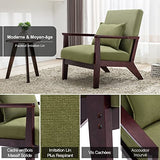 HomeMiYN Fauteuil Vintage en Bois Massif Fauteuil Salon en Imitation Lin et en Cuir PU avec Oreiller Lombaire, Dossier Ergonomique, Fauteuil d'appoint pour Salon, Chambre, Bureau, Balcon (Vert foncé)