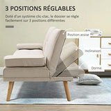 HOMCOM Canapé Convertible 3 Places Design scandinave Inclinaison Dossier réglable 3 Niveaux Dossier Centrale Rabattable 2 Porte-Verres Bois Massif Lin Beige