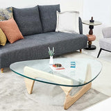 Table basse moderne, table basse avec plateau en verre, table basse en verre et bois, table basse triangulaire en bois, pièce maîtresse élégante et robuste, plateau en verre trempé, parfaite for la dé