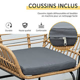 Outsunny Ensemble Bistro de Jardin 2 Places 3 pièces Style Exotique 2 fauteuils + Table Basse résine tressée Beige Acier époxy Gris