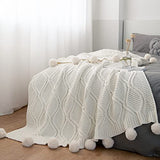 MYLUNE HOME Plaid Couverture Tricot en Chenille avec Les Pompons - Couverture de lit Douce et Chaude Jeté de Canapé (130 x 160cm)-Blanc