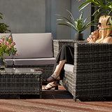 TecTake 800678 Salon de Jardin 4 Personnes en résine tressée, 2 Canapés modulables, Coffre de Rangement et Table Basse en Verre Inclus – Plusieurs Couleurs Disponibles (Marron Naturel/Gris foncé)