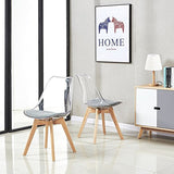 H.J WeDoo Lot de 4 Transparente Scandinave Chaises de Salle à Manger, Rétro Chaises Tulip Tissu Rembourrée en Polycarbonate arrière et Bois de hêtre Massif- Gris