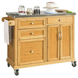 SoBuy® FKW70-N Meuble de Rangement Cuisine Buffet de Cuisine Roulant Desserte sur roulettes en Bambou - Plans de Travail en Acier INOX Grande Armoire de Rangement