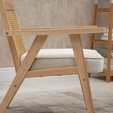 HOMCOM Fauteuil Lounge Chaise en Rotin avec Coussin - Dossier en cannage - Assise Profonde - accoudoirs - Structure Bois hévéa - Aspect Lin Beige