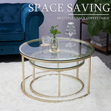Huuryoudo Lot de 2 Tables Basses en Verre doré avec Structure en métal - Table d'appoint Ronde pour Balcon, canapé, Table avec Petite Table de Salon, Plateau en Verre doré