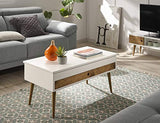 Hogar24 ES Table basse relevable style vintage avec tiroir coulissant en bois massif Blanc/bois naturel 100 x 50 x 47 cm