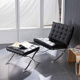 Fauteuil de salon classique - Pliable - En cuir véritable - Avec cadre en acier inoxydable - Pour chambre à coucher, salon, salle de lecture (noir, avec ottomane)