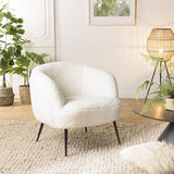 MACABANE ALBANE - Fauteuil Cosy Tissu Bouclette Blanc Pieds métal Noir