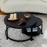 MEUBLE COSY Lot de 2 Tables Basses Gigognes Ronde avec roulettes Bout de Canapé en Bois et Cadre en Métal, Noir, 80x80x40/50x50x36cm