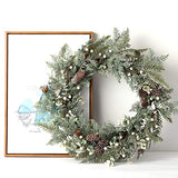BEJOY Couronne de Noël Artificielle, 56cm Pomme de Pin Vigne Floquée Couronne de Sapin à Paillettes avec Baies Blanches pour Noël Maison Porte D'entrée Suspendue Mur Fenêtre Décor