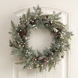 BEJOY Couronne de Noël Artificielle, 56cm Pomme de Pin Vigne Floquée Couronne de Sapin à Paillettes avec Baies Blanches pour Noël Maison Porte D'entrée Suspendue Mur Fenêtre Décor
