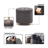 HNNHome Tabouret de rangement rond rembourré en lin avec assise amovible pour rangement - 45 cm de diamètre - Gris anthracite