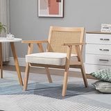 HOMCOM Fauteuil Lounge Chaise en Rotin avec Coussin - Dossier en cannage - Assise Profonde - accoudoirs - Structure Bois hévéa - Aspect Lin Beige