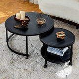 MEUBLE COSY Lot de 2 Tables Basses Gigognes Ronde avec roulettes Bout de Canapé en Bois et Cadre en Métal, Noir, 80x80x40/50x50x36cm