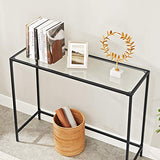 VASAGLE Table Console, Table d’entrée, Bout de canapé, Dessus de Table en Verre trempé, Cadre métallique, Robuste, Pieds réglables, pour Salon, entrée, Couloir, Noir LGT026B01