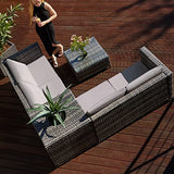 TecTake 800678 Salon de Jardin 4 Personnes en résine tressée, 2 Canapés modulables, Coffre de Rangement et Table Basse en Verre Inclus – Plusieurs Couleurs Disponibles (Marron Naturel/Gris foncé)