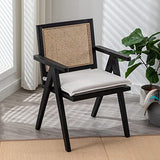 Wahson Chaise à Accoudoirs en Cannage avec Rembourrage Chaise Salle à Manger en Bois en Rotin Chaise de Cuisine Vintage, Fauteuil Rétro Confortable pour Salon/Cuisine/Balcon, Noir