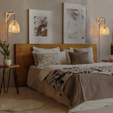 B·LED BARCELONA LED BarcelonaLED Applique murale équerre en bois avec panier en bambou en osier avec câble prise et interrupteur Portalampara Noir E27 pour salon Table de chevet Tête de lit