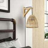 B·LED BARCELONA LED BarcelonaLED Applique murale équerre en bois avec panier en bambou en osier avec câble prise et interrupteur Portalampara Noir E27 pour salon Table de chevet Tête de lit