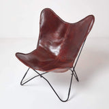 Homescapes Fauteuil Papillon en Cuir véritable Marron et métal, Chaise de Bureau Vintage, Fauteuil rétro, 88 x 77 cm