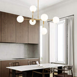 Dsrgwe Lustre Suspension Salon, Lustre en Verre à 6 Ampoules, Laiton satiné avec Globes Blancs, plafonnier de Branche de molécule Magique for Salle à Manger